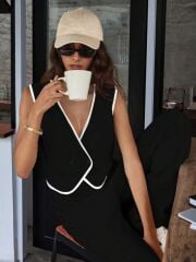 Kadın Kolsuz V Yakalı Düğmeli Ithal Krep Yelek Ve Pantolon Ikili Takım