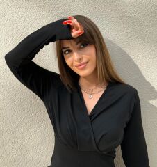 Kadın Uzun Kollu Kruvaze Yaka Krep Mini Boy Elbise