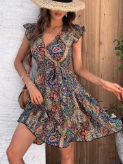 Kadın Kısa Kelebek Kollu Kruvaze Yakalı Süprem Elbise