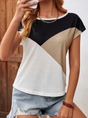 Kadın Bisiklet Yaka üç Renk Viskon T-shirt