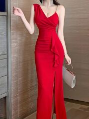 Kadın Ip Zincir Askılı Kruvaze Yakalı önden Fırfırlı Yırtmaçlı Janjan Krep Elbise