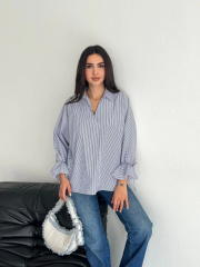 Arkası Asimetrik Yırtmaç Kesim Detaylı Cizgili Bluz Gömlek - Füme