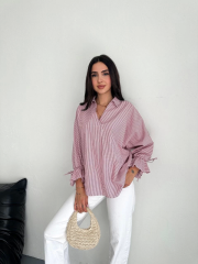 Arkası Asimetrik Yırtmaç Kesim Detaylı Cizgili Bluz Gömlek - Bordo