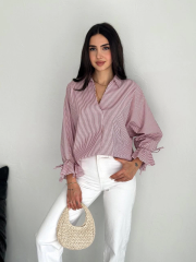 Arkası Asimetrik Yırtmaç Kesim Detaylı Cizgili Bluz Gömlek - Bordo