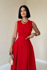 Kırmızı Halter Yaka Kloş Elbise