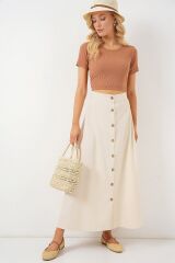 Düğmeli Keten Uzun Etek 8046 - Krem