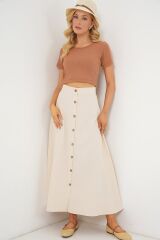 Düğmeli Keten Uzun Etek 8046 - Krem