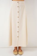 Düğmeli Keten Uzun Etek 8046 - Krem