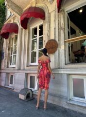 Kadın Madonna Yaka Dalga Desen Midi Boy şifon Elbise