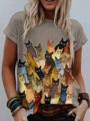 Kadın Kısa Kollu Bisiklet Yaka Kedi Desenli Süprem Bluz