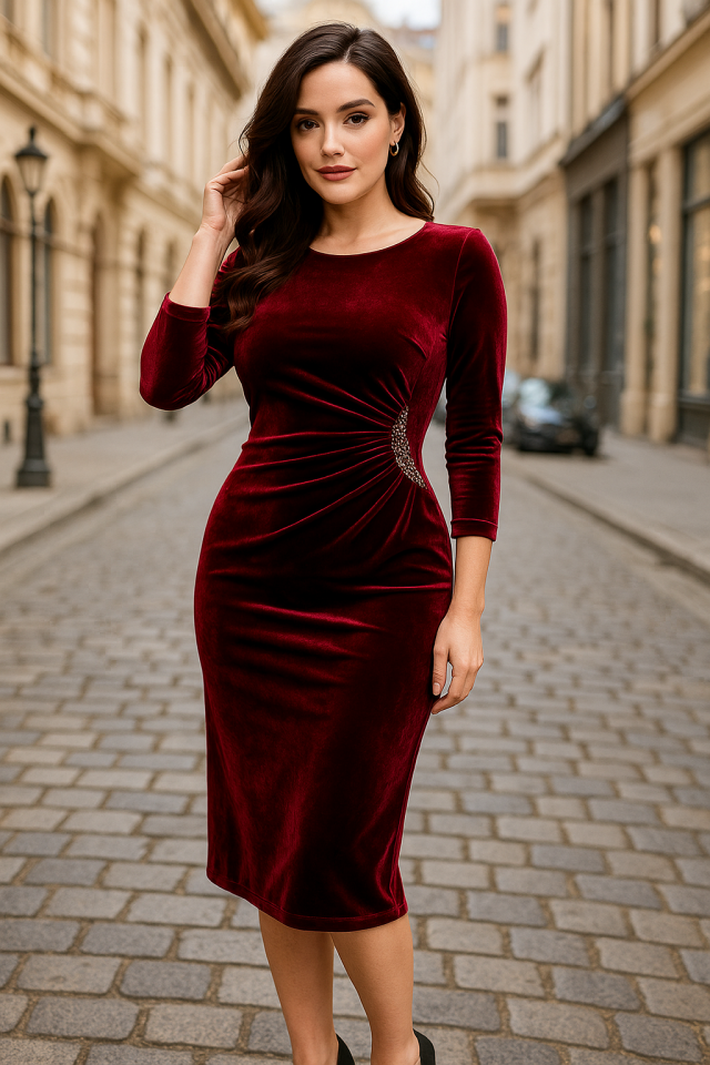 Kadın Uzun Kollu Yakası Açık Yanlardan Büzgülü Taş Detaylı Midi Kadife Elbise