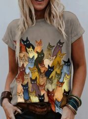 Kadın Kısa Kollu Bisiklet Yaka Kedi Desenli Süprem Bluz