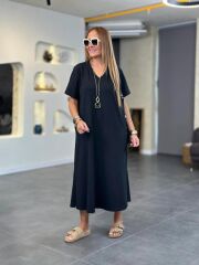 Kadın Kısa Kollu V Yakalı Cep Detaylı Uzun Viskon Iki Iplik Elbise