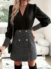 Kadın Uzun Kollu Kruvaze Yaka Eteği Düğmeli üst Krep Alt Dokuma Elbise