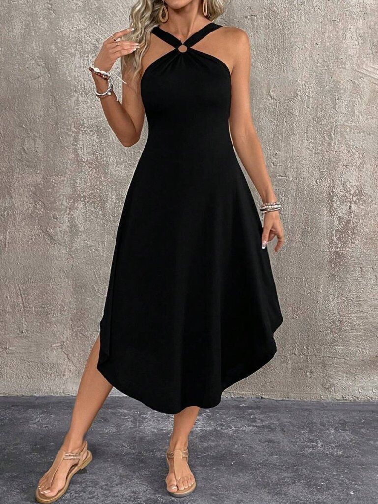 Kadın Boyundan çapraz Askılı Halka Detaylı Asimetrik Kesim Viskon Elbise