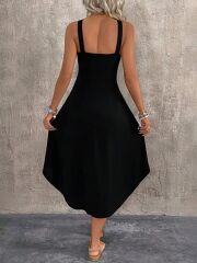 Kadın Boyundan çapraz Askılı Halka Detaylı Asimetrik Kesim Viskon Elbise