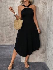 Kadın Boyundan çapraz Askılı Halka Detaylı Asimetrik Kesim Viskon Elbise