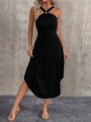 Kadın Boyundan çapraz Askılı Halka Detaylı Asimetrik Kesim Viskon Elbise