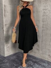 Kadın Boyundan çapraz Askılı Halka Detaylı Asimetrik Kesim Viskon Elbise