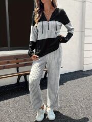 Kadın Uzun Kollu Kapşonlu önden Fermuarlı şardonlu Kaşkorse Bluz Ve Pantolon