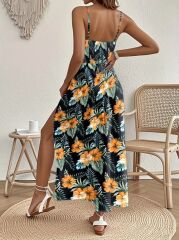 Kadın Ip Askılı V Yakalı Bel Güpür çiçek Desenli Yandan Yırtmaçlı Maksi Süprem Elbise