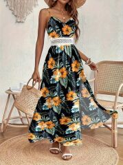 Kadın Ip Askılı V Yakalı Bel Güpür çiçek Desenli Yandan Yırtmaçlı Maksi Süprem Elbise