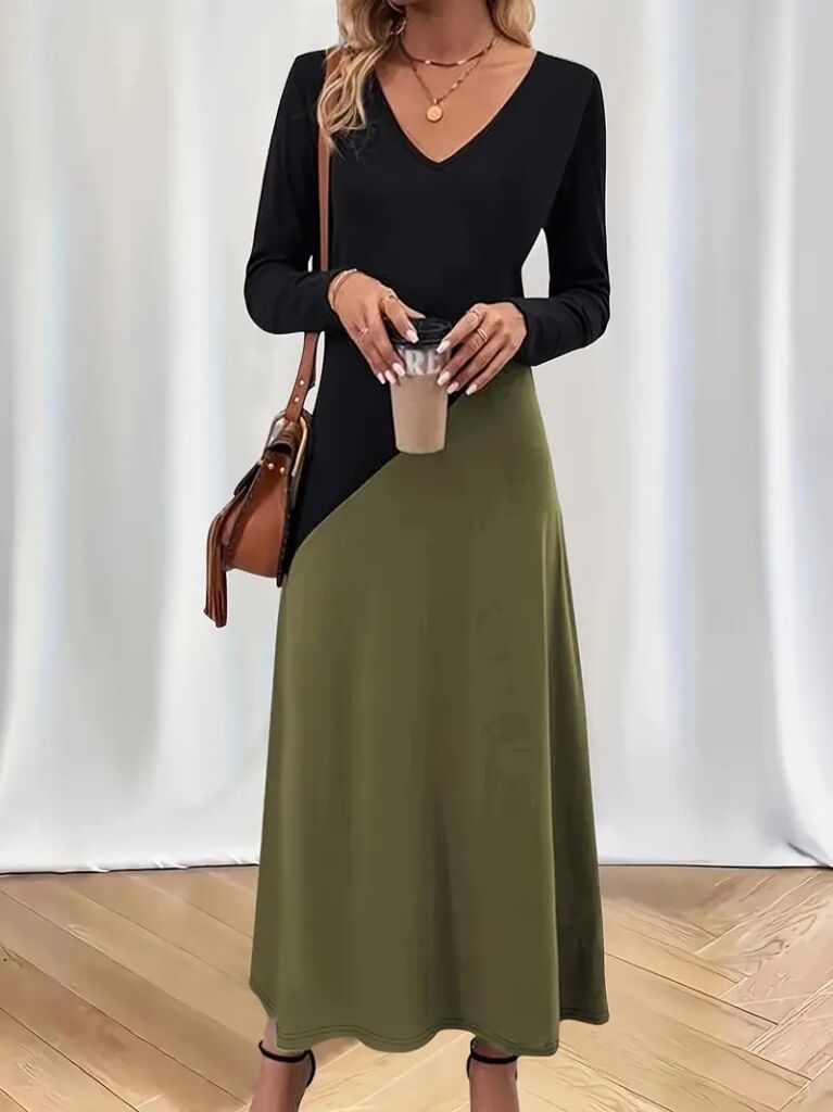 Kadın Uzun Kollu V Yakalı Blok Desenli Viskon Elbise