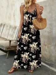 Kadın Ip Askılı V Yakalı çiçek Desenli Süprem Elbise