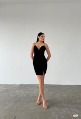 Kadın Dalgıç Krep Kumaş Askılı Mini Elbise