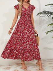 Kadın Kısa Kollu Kruvaze Yaka Beli Lastikli çiçek Desenli Elbise