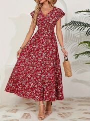 Kadın Kısa Kollu Kruvaze Yaka Beli Lastikli çiçek Desenli Elbise