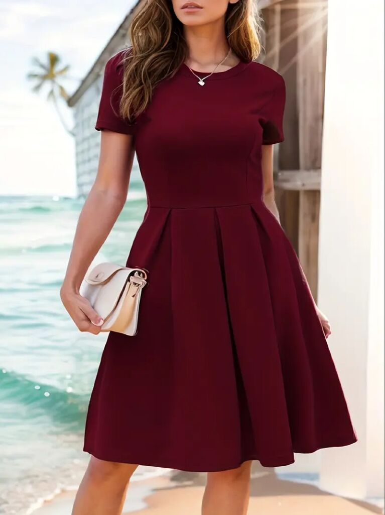 Kadın Kısa Kollu Bisiklet Yaka önden Pile Detaylı Janjan Krep Elbise