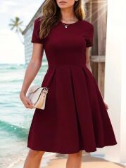 Kadın Kısa Kollu Bisiklet Yaka önden Pile Detaylı Janjan Krep Elbise