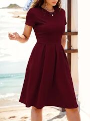 Kadın Kısa Kollu Bisiklet Yaka önden Pile Detaylı Janjan Krep Elbise