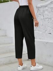 Kadın Yüksek Bel Yandan Cepli Düğme Detaylı Geniş Kesim Ithal Krep Pantolon