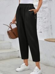 Kadın Yüksek Bel Yandan Cepli Düğme Detaylı Geniş Kesim Ithal Krep Pantolon