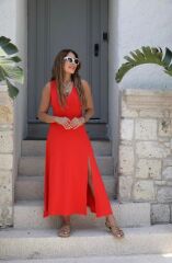 Kadın Askılı V Yakalı Yırtmaçlı Viskon Elbise