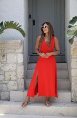 Kadın Askılı V Yakalı Yırtmaçlı Viskon Elbise