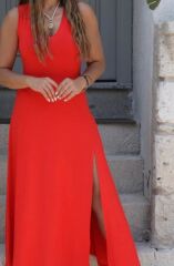 Kadın Askılı V Yakalı Yırtmaçlı Viskon Elbise