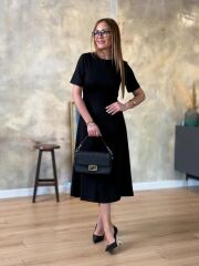 Kadın Kısa Kollu Bisiklet Yaka Midi Viskon Iki Iplik Elbise