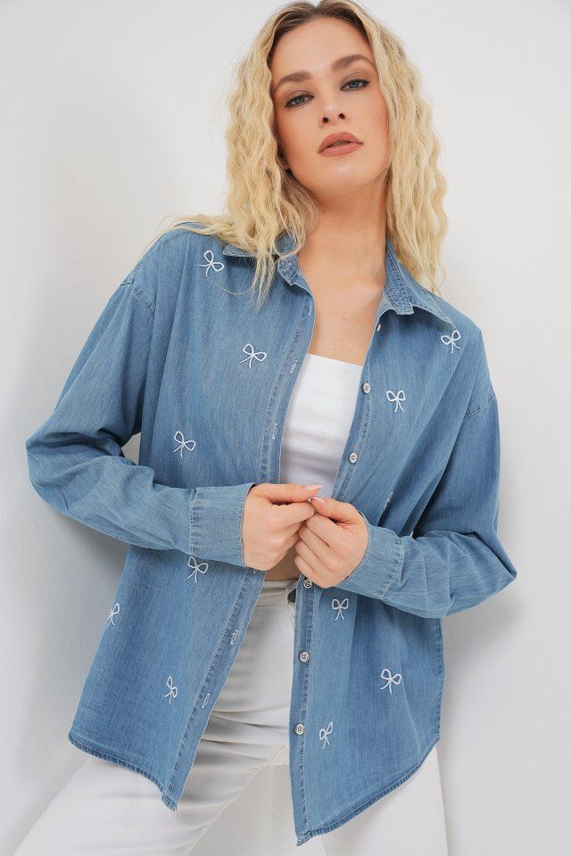 Fiyonlu Kot Gömlek 20329 - Mavi