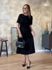 Kadın Kısa Kollu Bisiklet Yaka Midi Viskon Iki Iplik Elbise