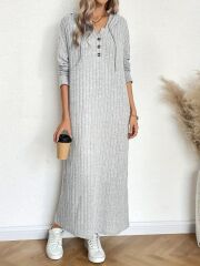 Kadın Uzun Kollu Kapşonlu Bağcıklı şardonlu Kaşkorse Uzun Elbise