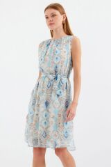 2501 Desenli Sıfır Kol Şifon Elbise - Mavi