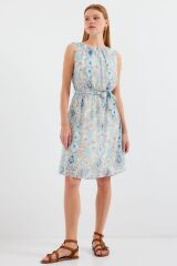 2501 Desenli Sıfır Kol Şifon Elbise - Mavi