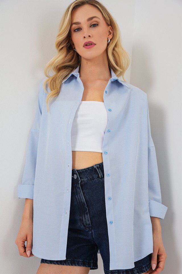 Çizgili Oversize Gömlek 20332 - Açık Mavi