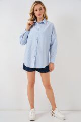 Çizgili Oversize Gömlek 20332 - Açık Mavi