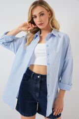 Çizgili Oversize Gömlek 20332 - Açık Mavi