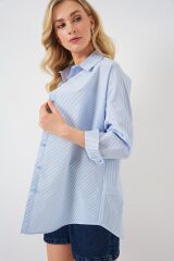 Çizgili Oversize Gömlek 20332 - Açık Mavi