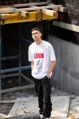 Unisex Bisiklet Yaka Baskılı Oversize T-Shirt - Beyaz
